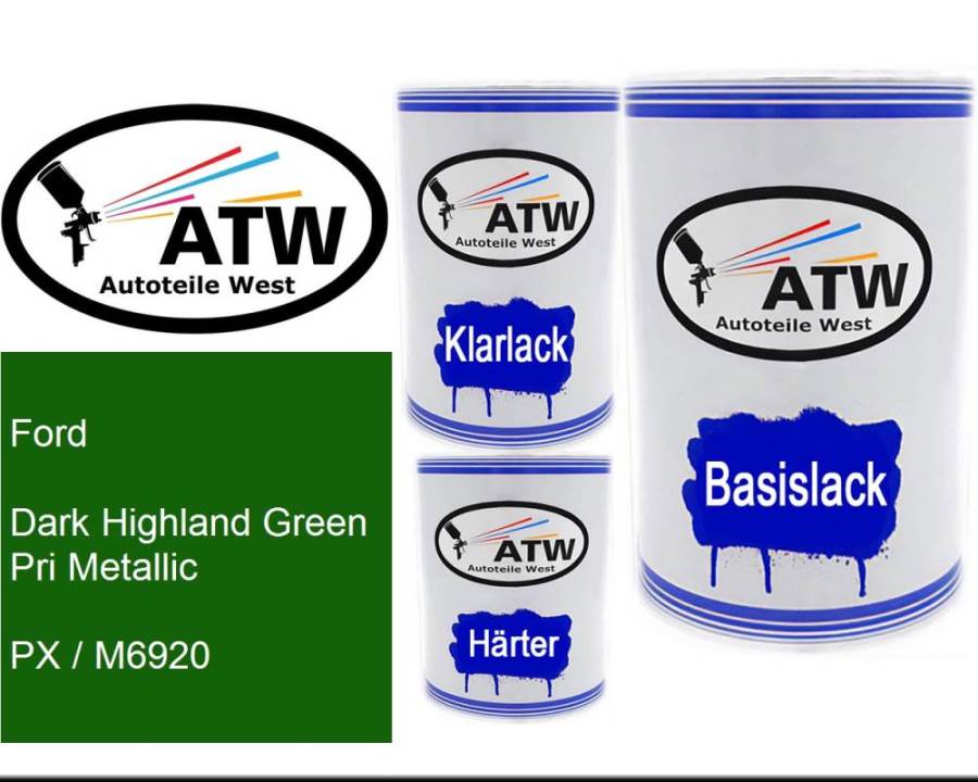 Ford, Dark Highland Green Pri Metallic, PX / M6920: 500ml Lackdose + 500ml Klarlack + 250ml Härter - Set, von ATW Autoteile West.